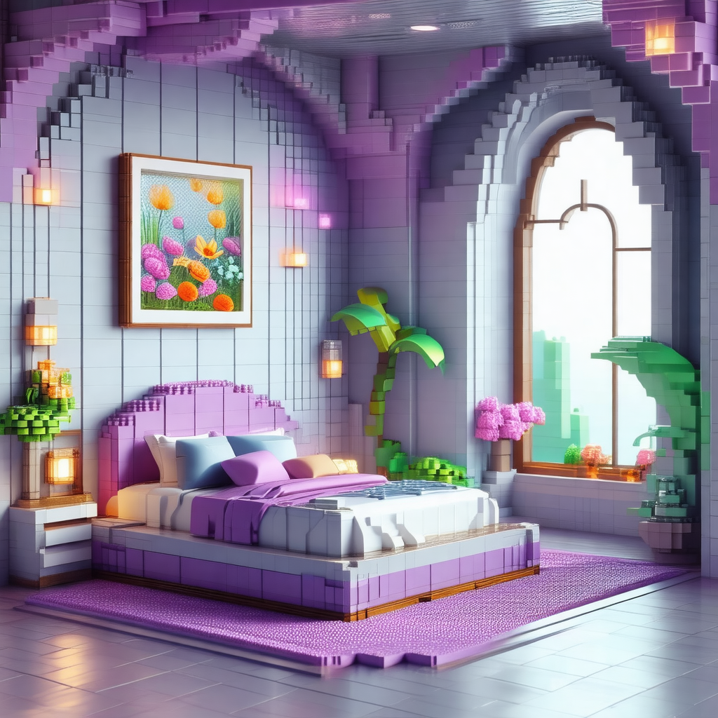 Purple bedroom with a bed placed in the center of the room