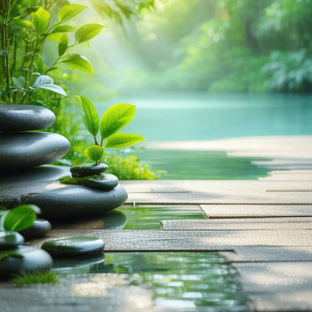 Serene scene with a small pond surrounded by lush greenery