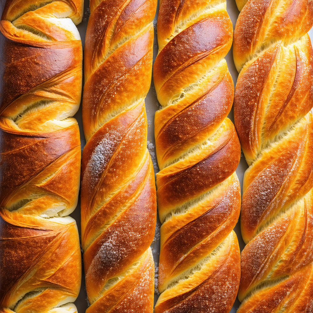 Table with a large loaf of bread, which is cut into sever...