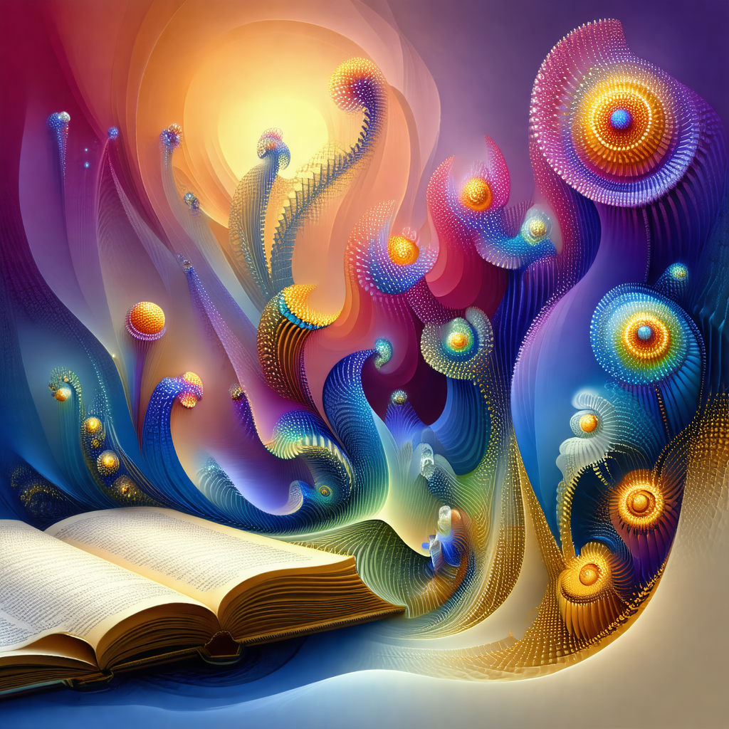 Colorful and vibrant painting of a book, with a person si...