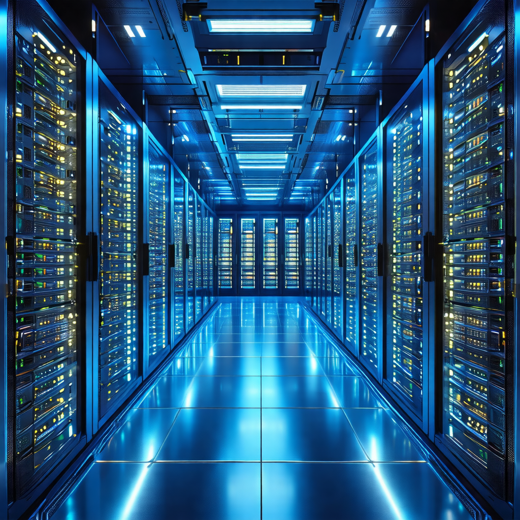 Large, blue-lit room filled with rows of computer servers