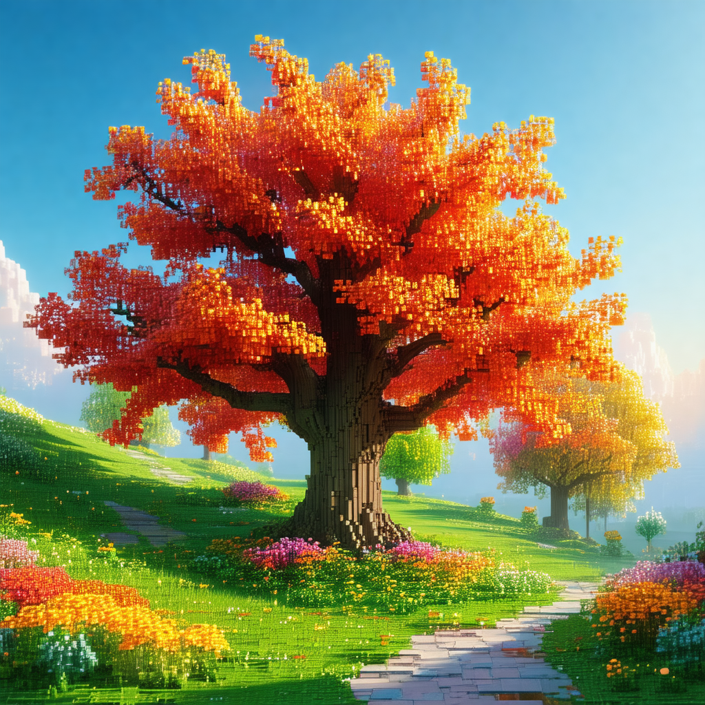Colorful, animated scene featuring a tree with vibrant or...
