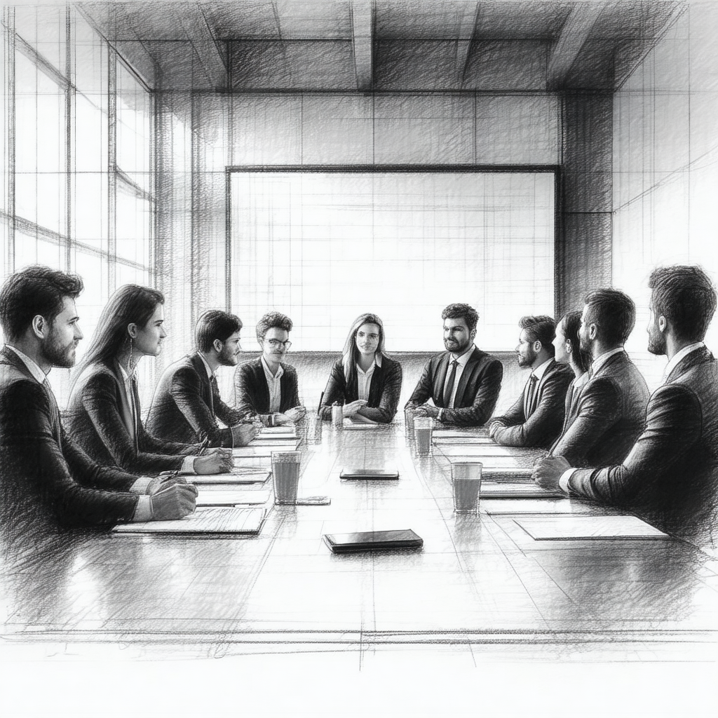 Black and white drawing of a group of people sitting arou...