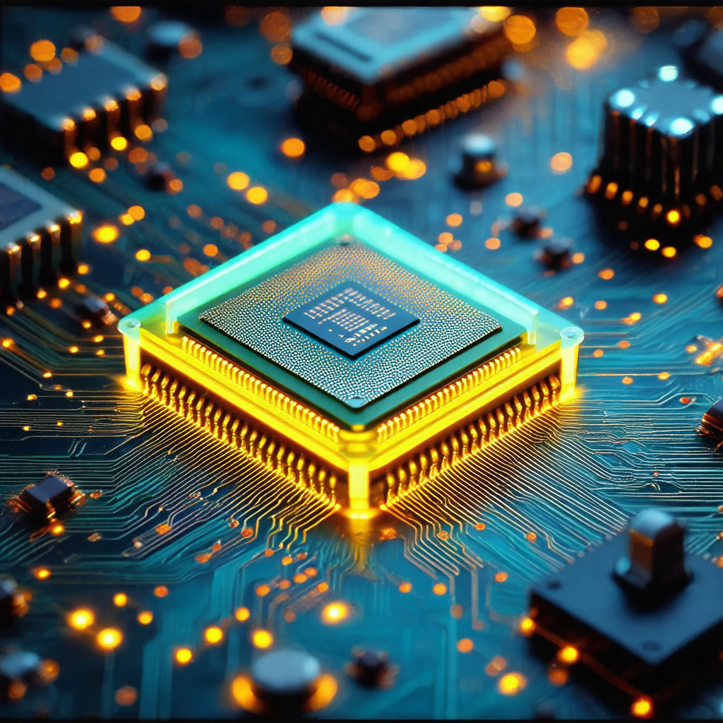 Close-up of a computer chip with a green square in the ce...