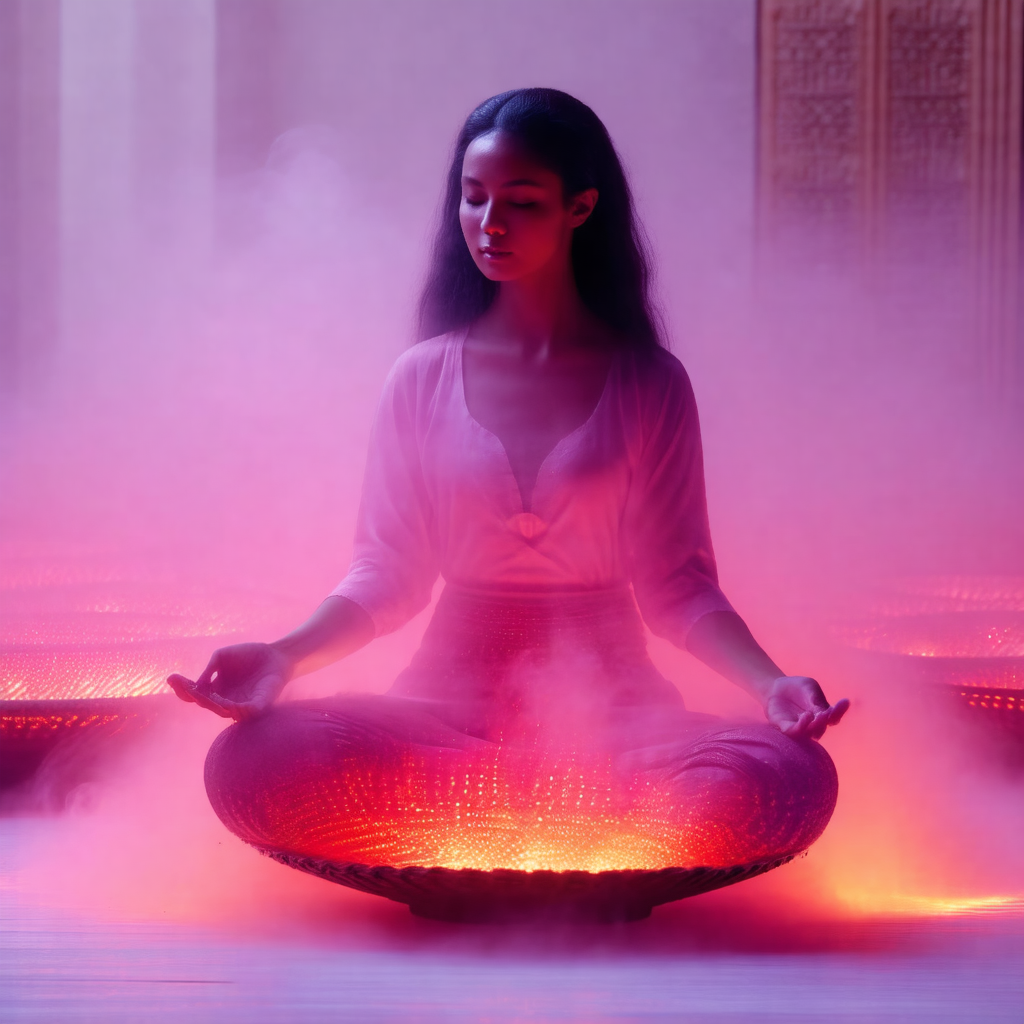 Woman sitting in a chair, surrounded by a purple haze