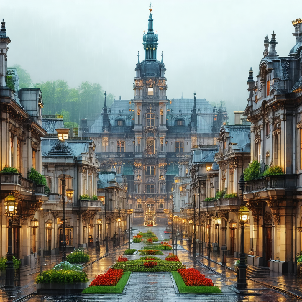 Beautiful city street at night, with a large castle-like ...