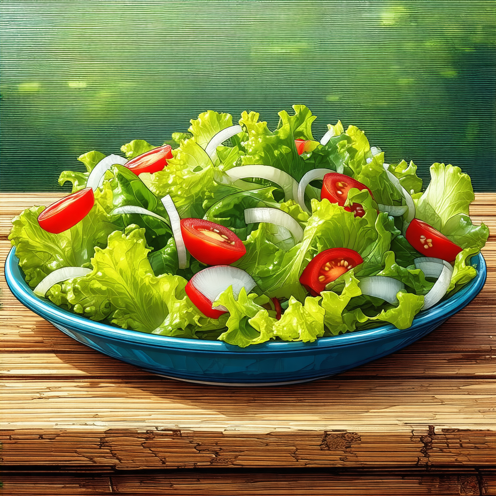 Large bowl filled with a fresh salad, placed on a wooden ...