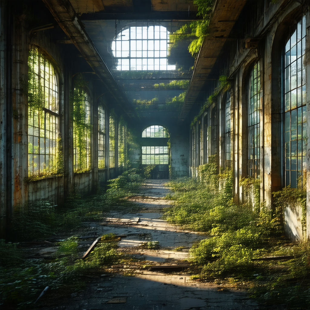 Large, abandoned building with a long hallway