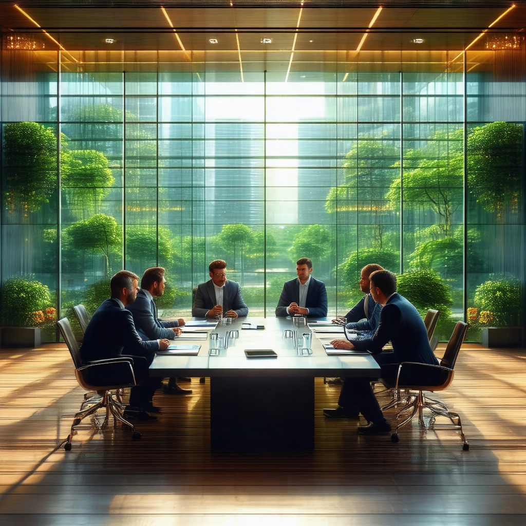 Group of men sitting around a large conference table in a...