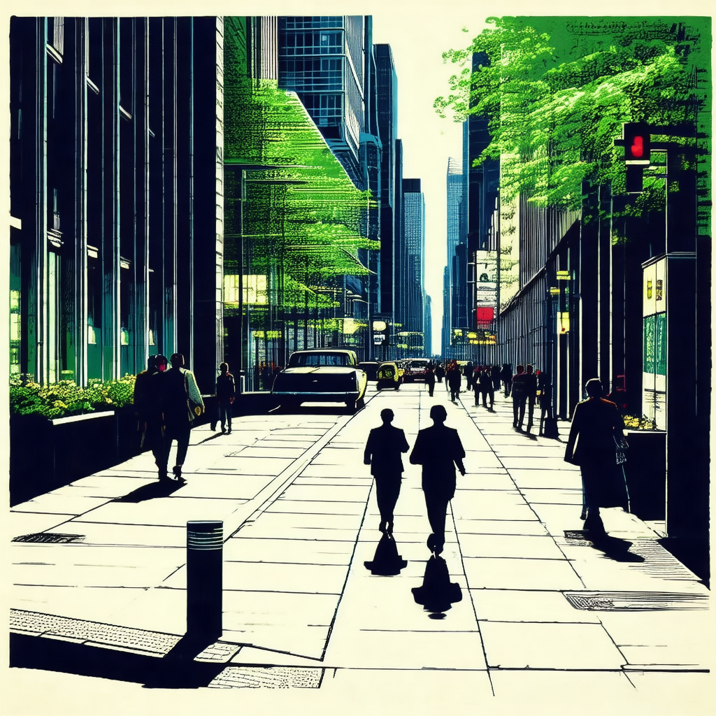 Black and white drawing of a busy city street