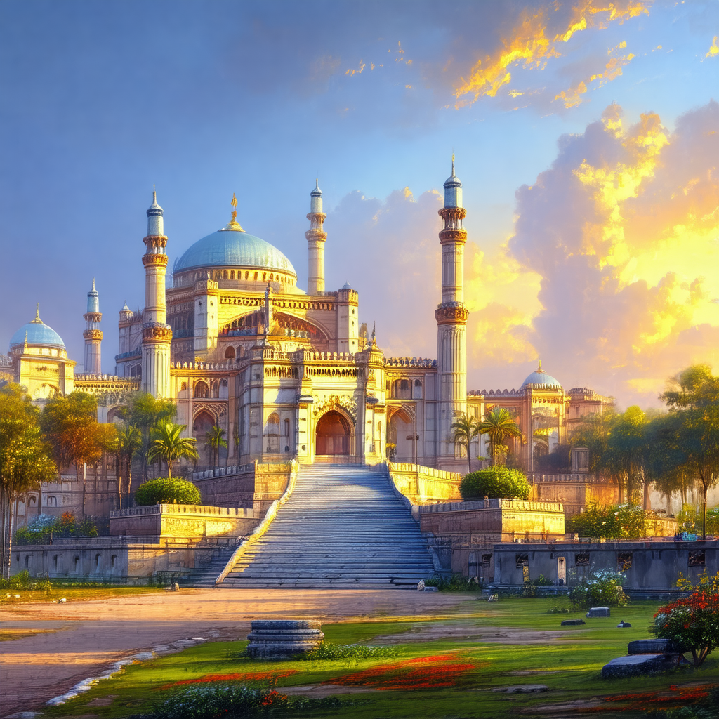 Painting of a large, ornate building with a dome roof, wh...