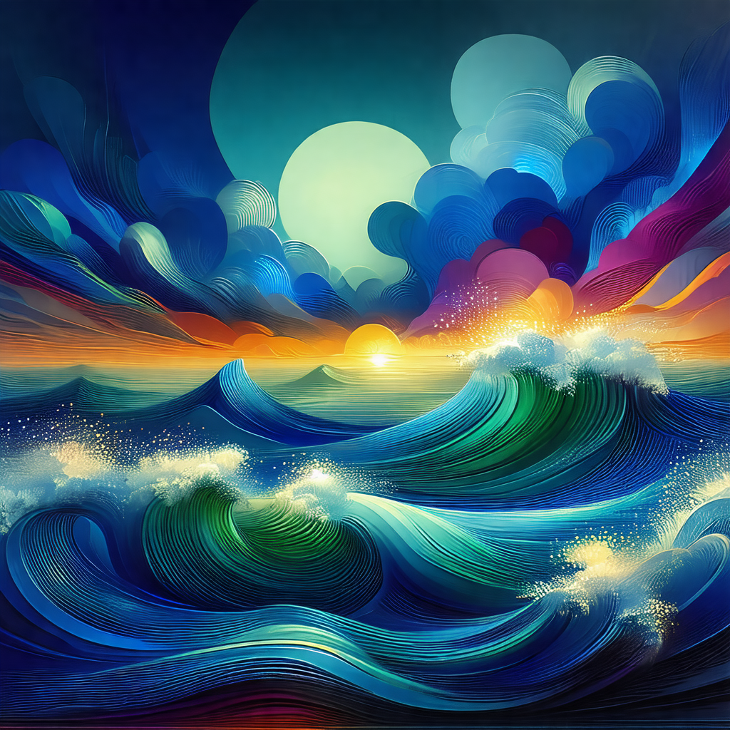 Painting of a large wave in the ocean, with a sunset in t...