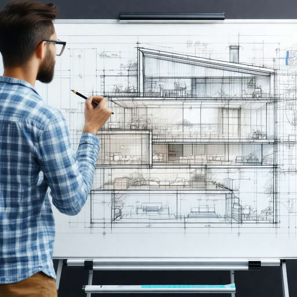 Man standing in front of a whiteboard, drawing a building...