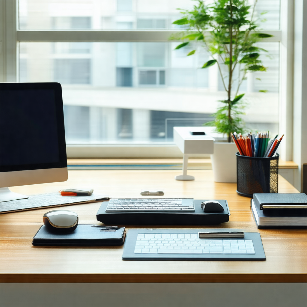 Wooden desk with a computer keyboard and a mouse placed o...