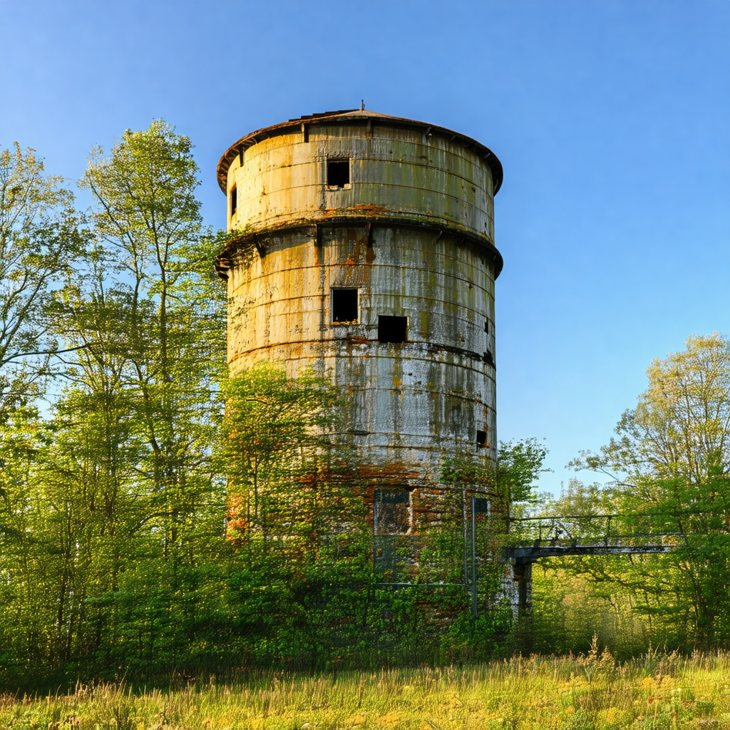 Large, rusty tower with a metal roof, situated in a grass...