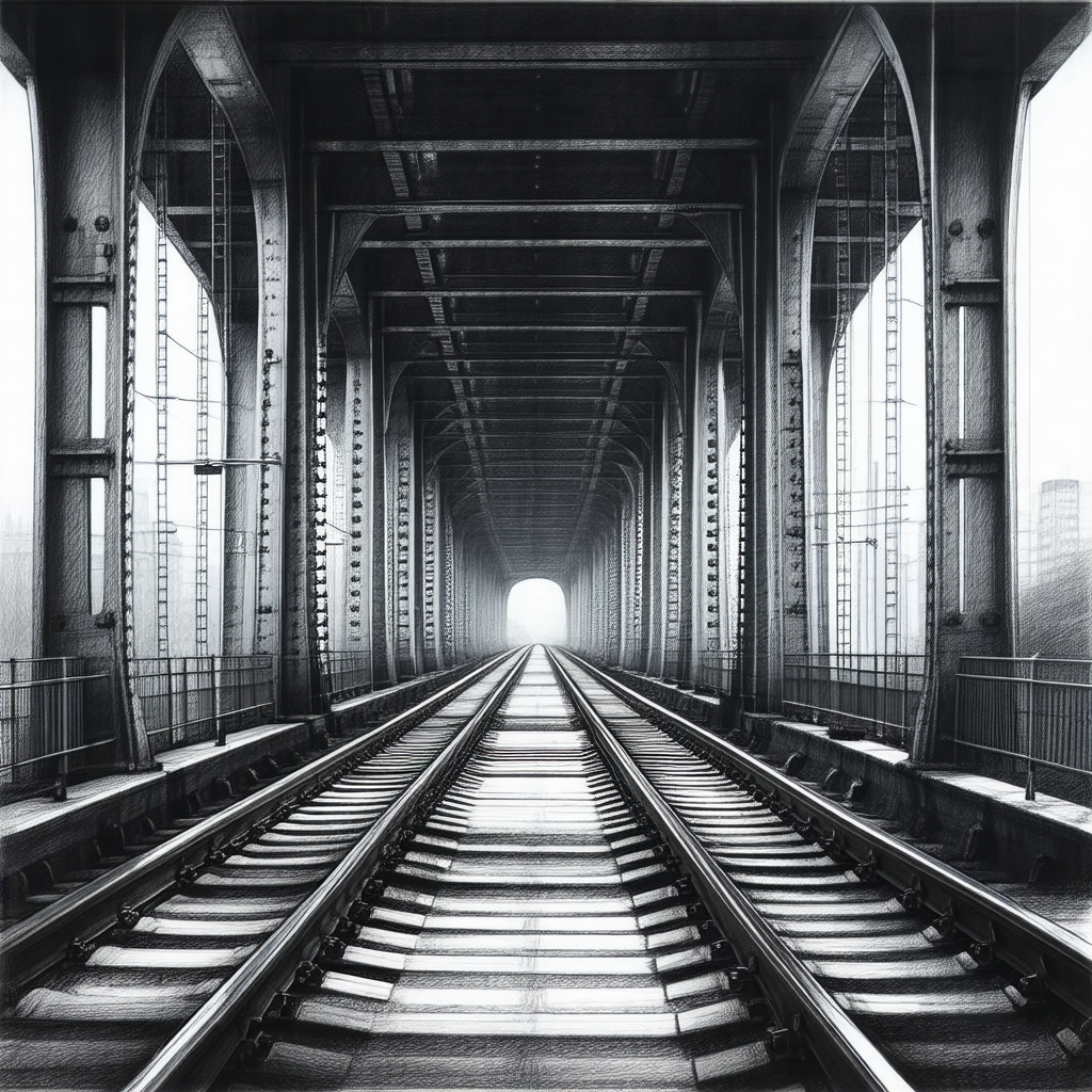 Black and white drawing of a train traveling through a tu...