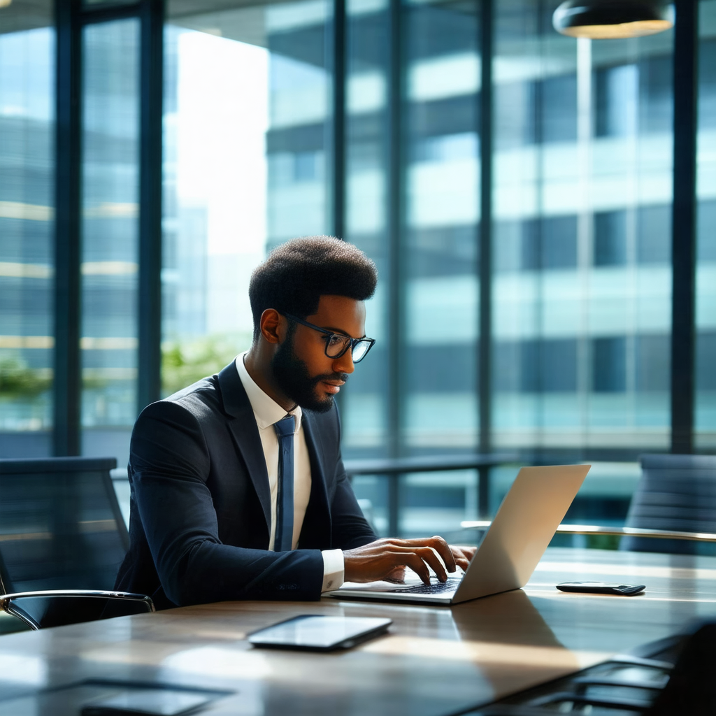 Man wearing a suit and tie, sitting at a desk and working...