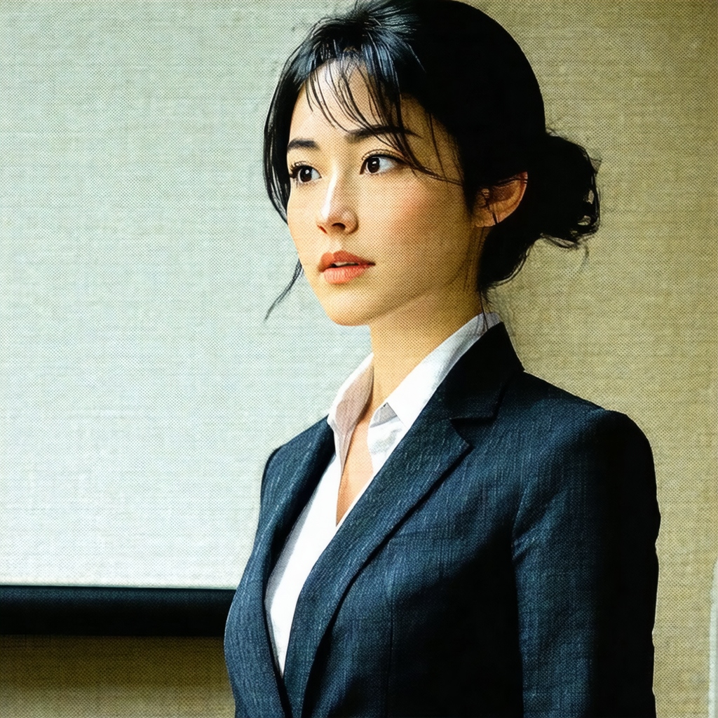 Woman wearing a suit and tie, standing in a room