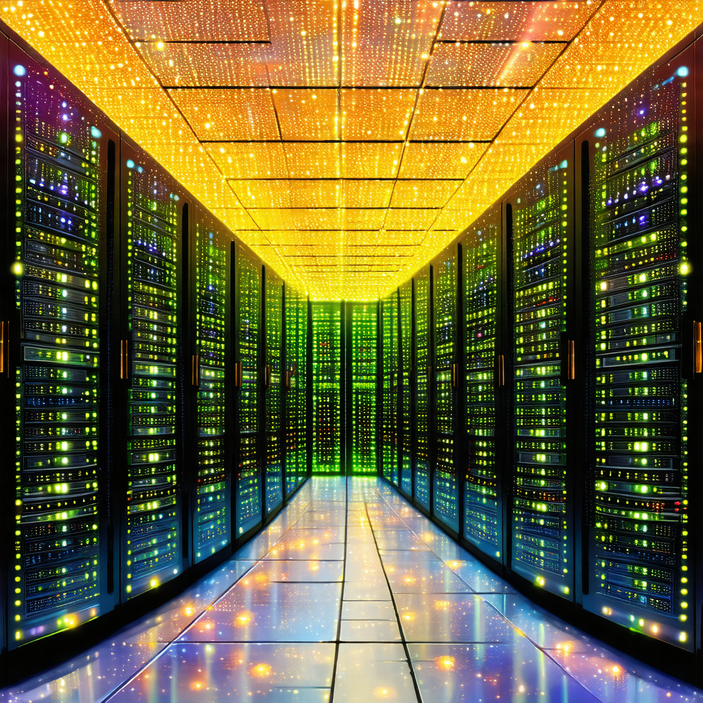 Large, brightly lit room filled with rows of computer ser...