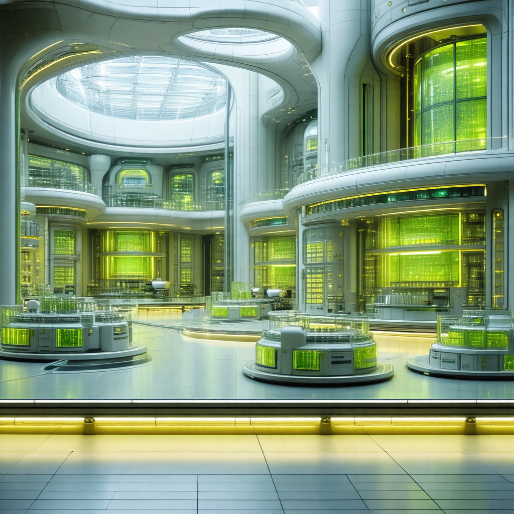 Futuristic, high-tech building with a large, open atrium