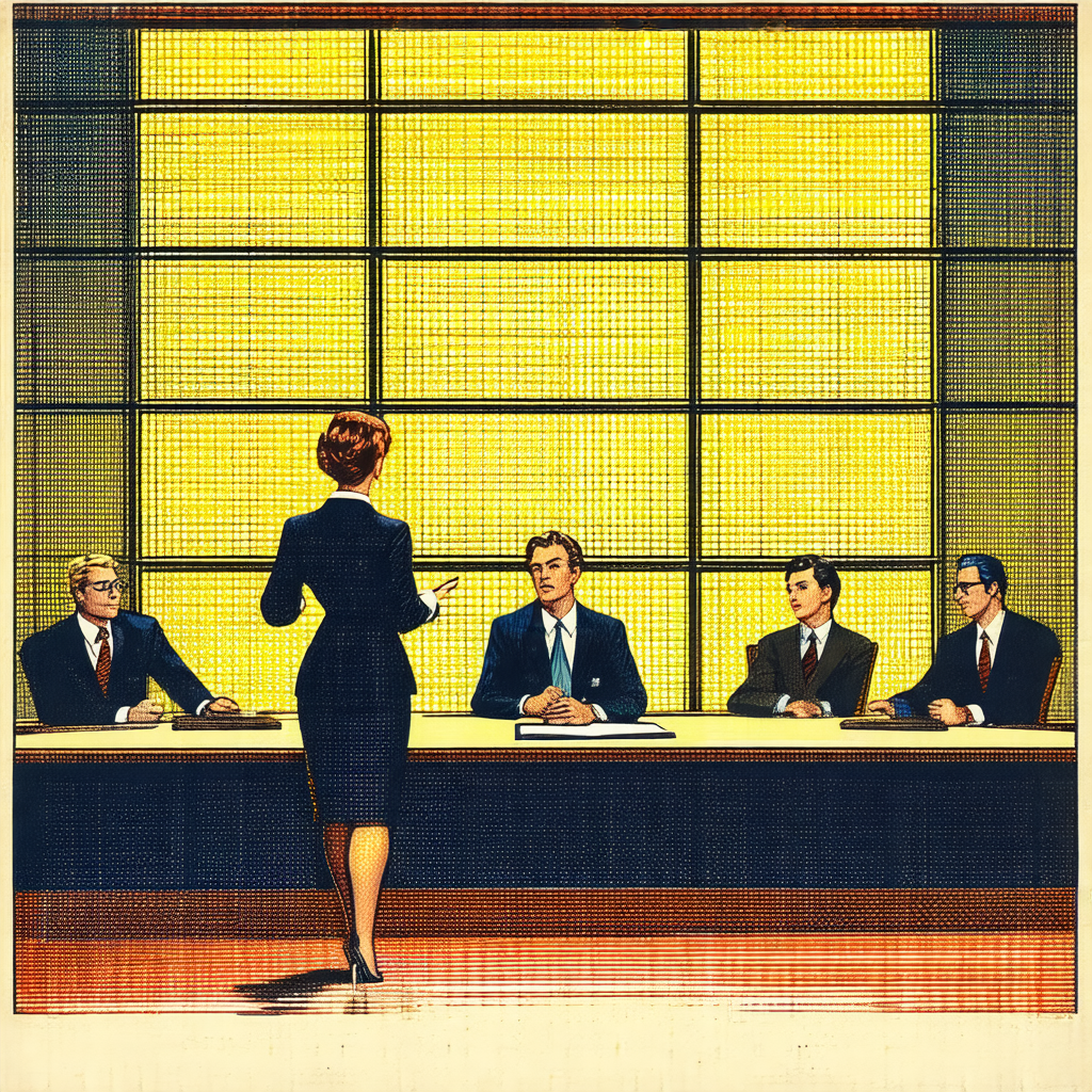 Black and white drawing of a woman standing in a room wit...