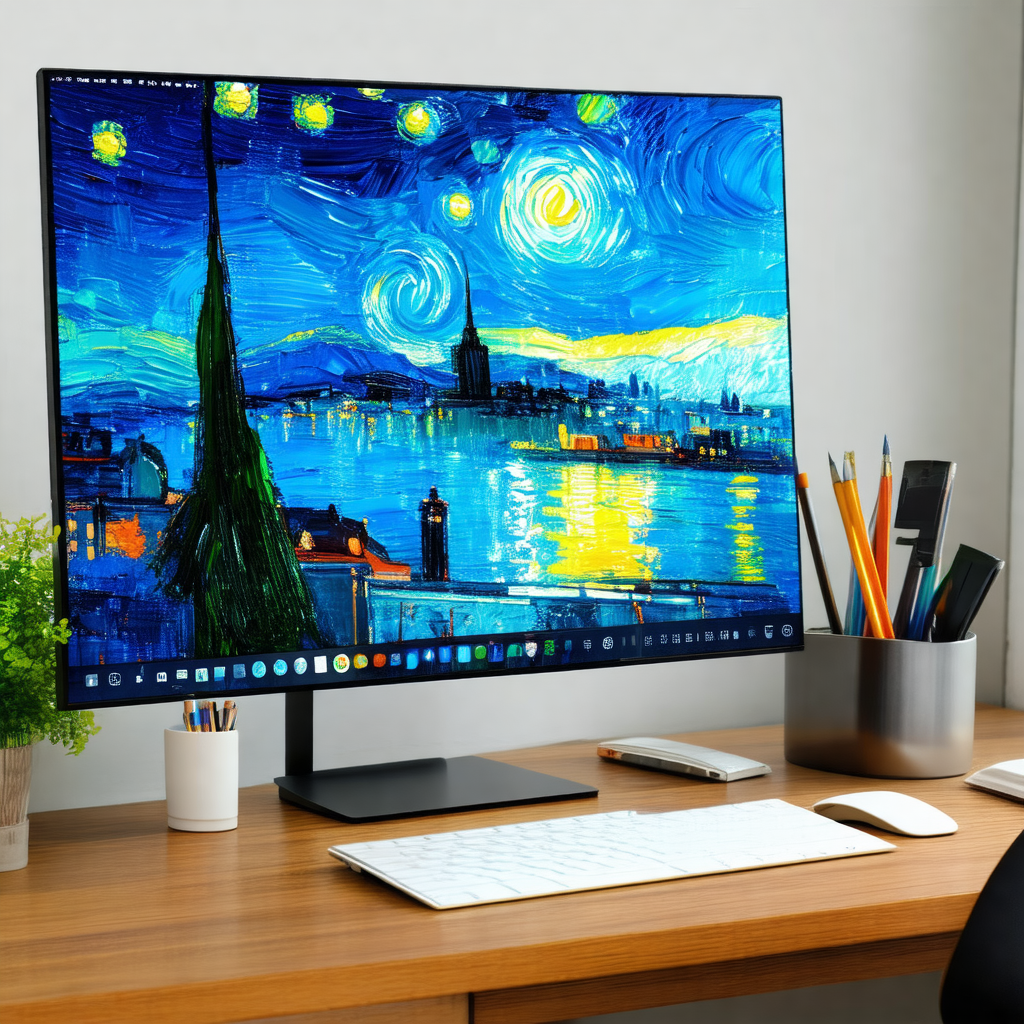 Large computer monitor sitting on a wooden desk