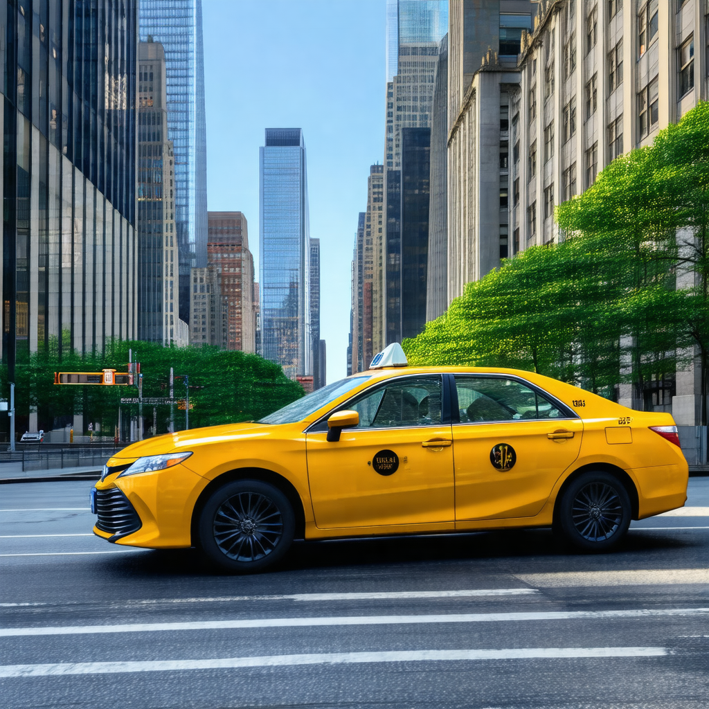Yellow taxi cab driving down a busy city street