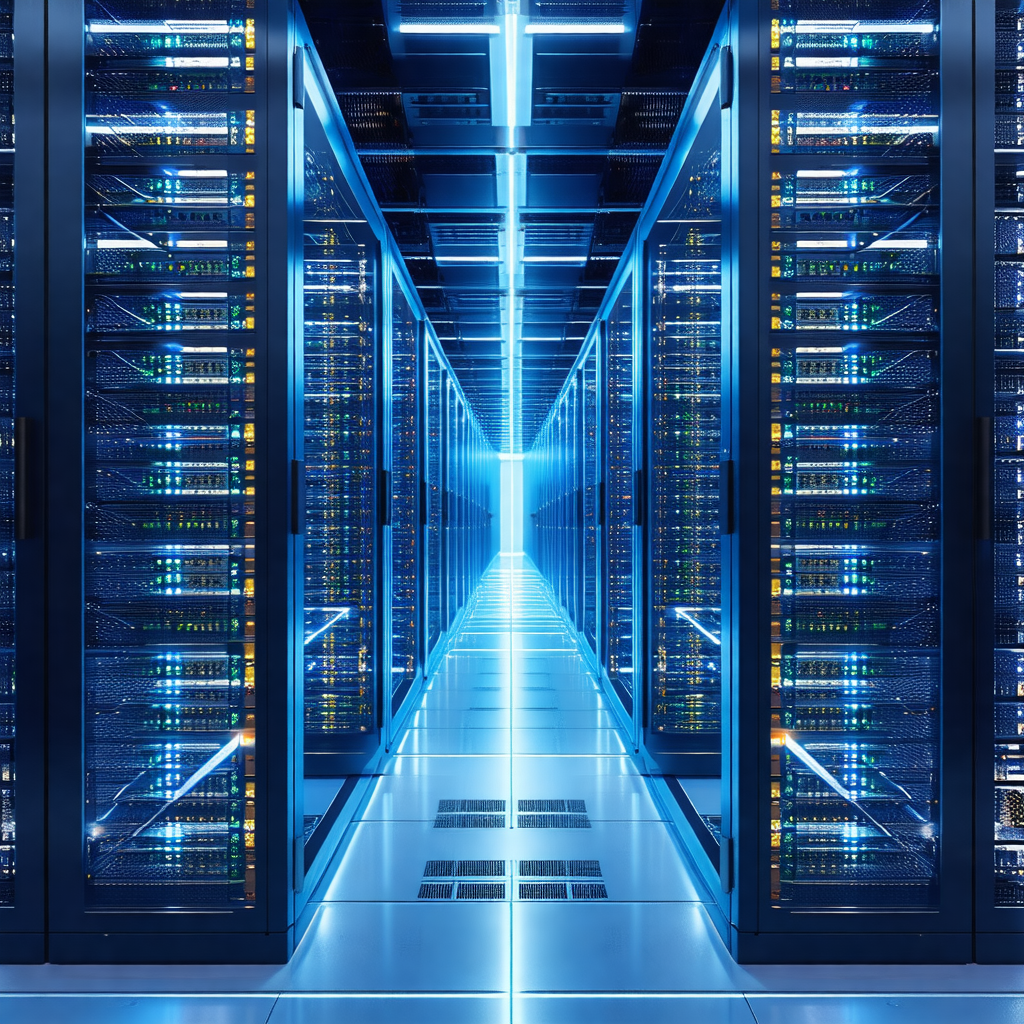 Large, blue, and white data center with a long hallway le...