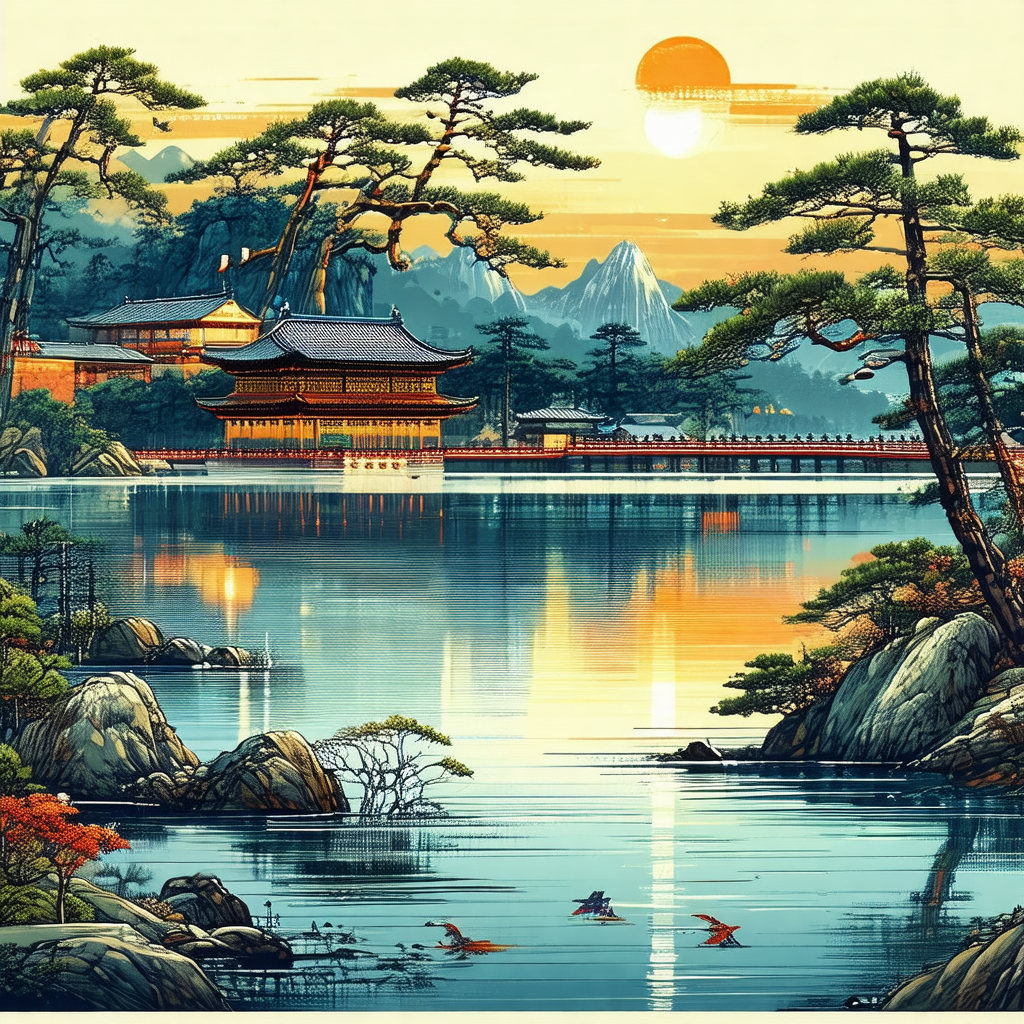 Beautiful painting of a serene lake surrounded by trees