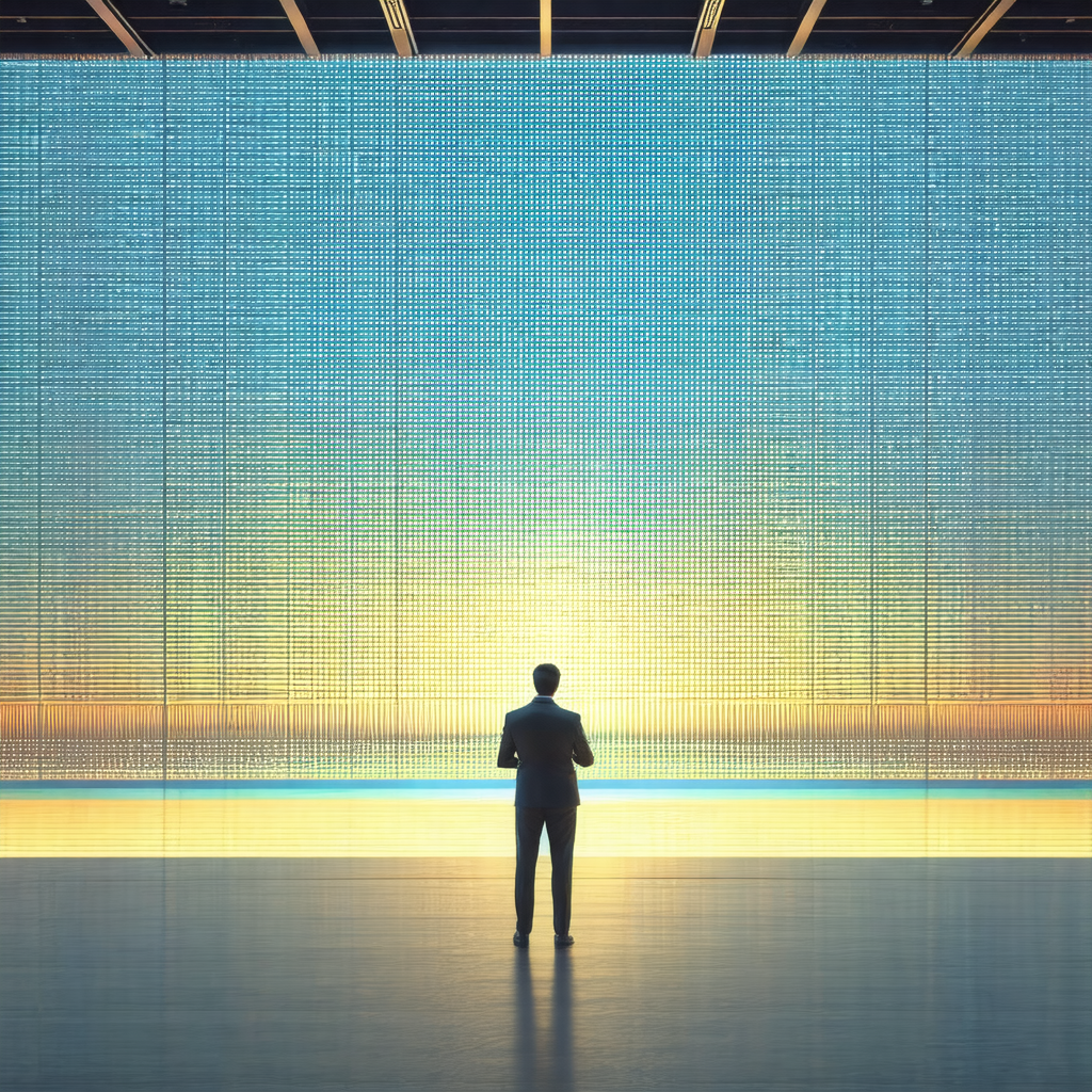 Man standing in a large room, possibly a museum or an art...