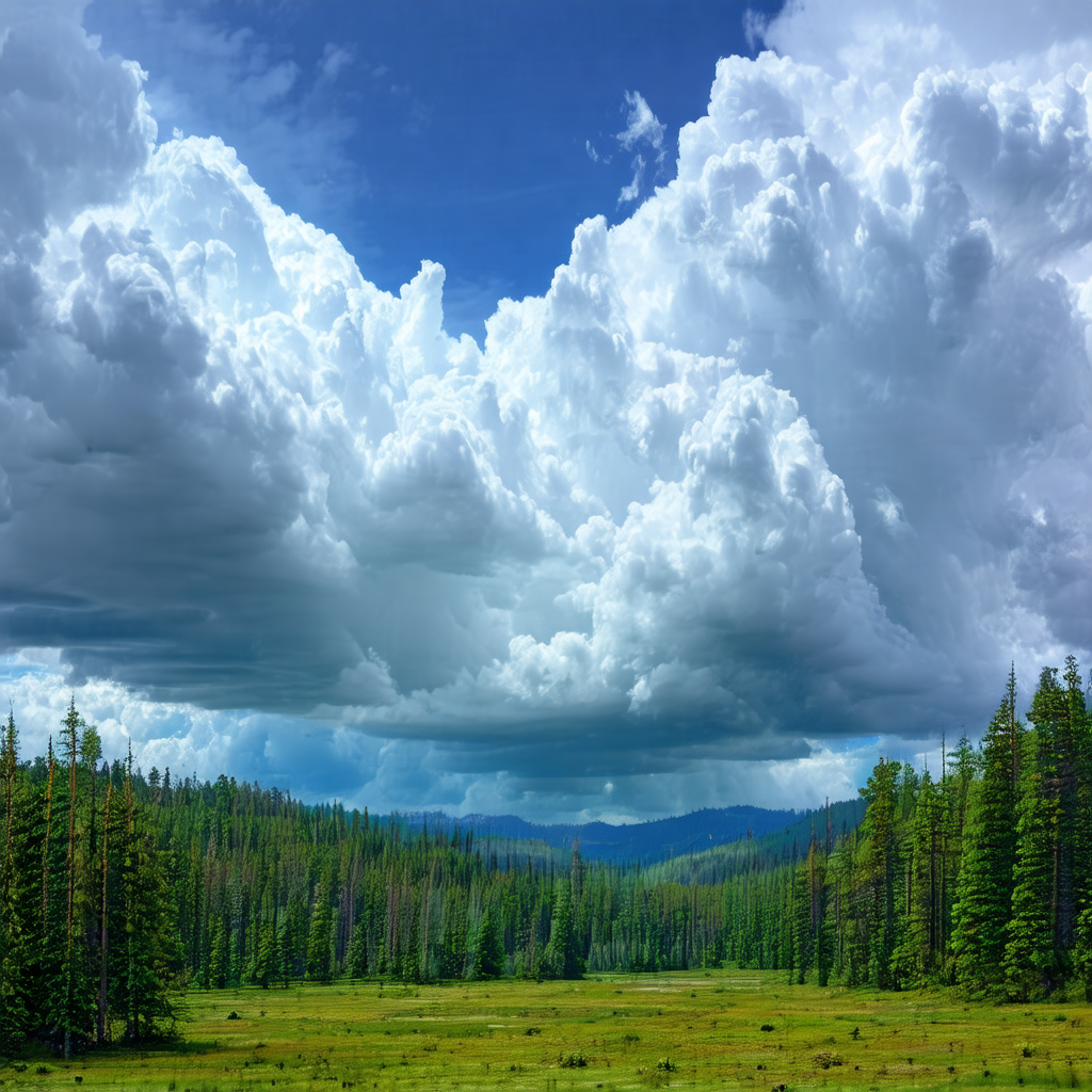 Lush green field with a cloudy sky overhead