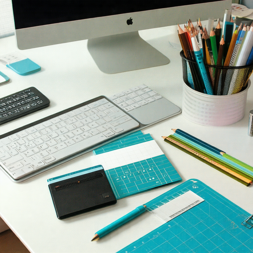 Desk with a computer monitor, keyboard, and mouse