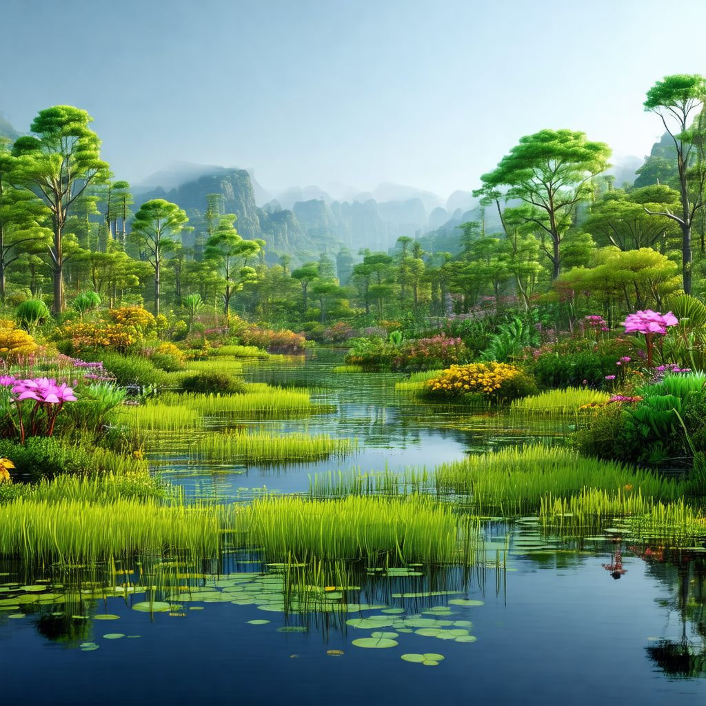 Serene scene of a river flowing through a lush green forest