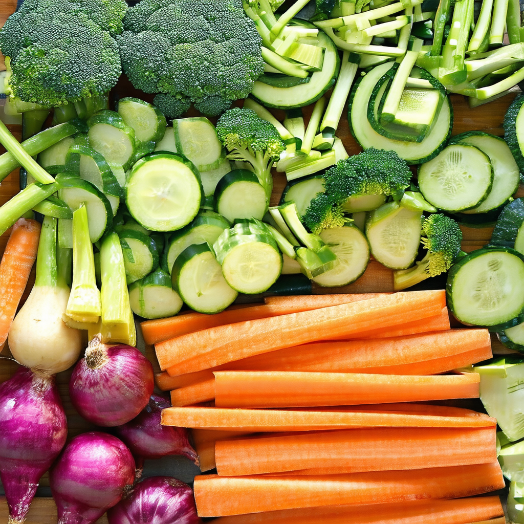 Wooden cutting board with a variety of fresh vegetables o...