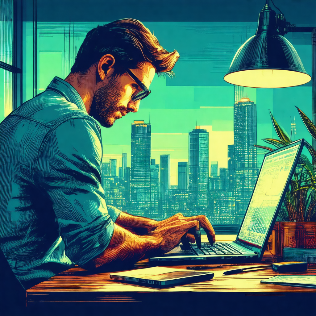 Colorful, hand-drawn illustration of a man sitting at a d...
