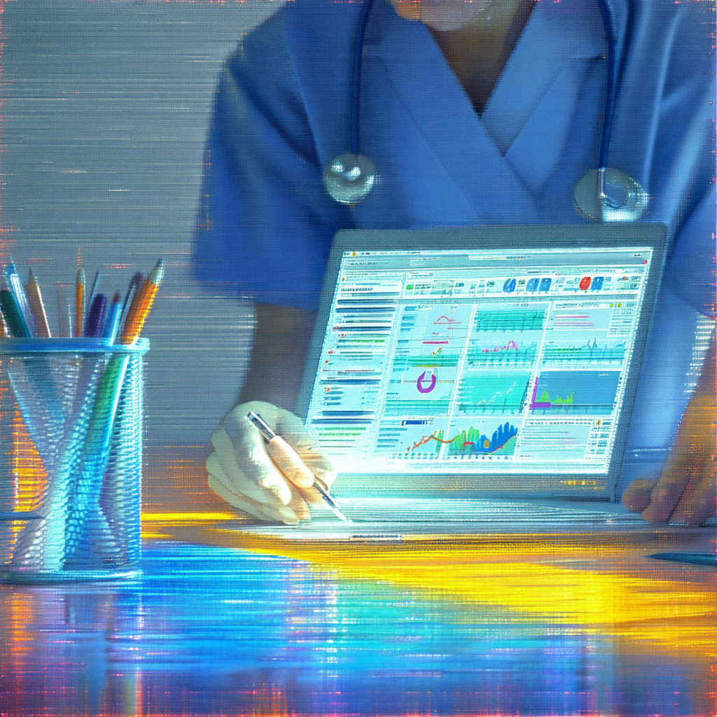 Person, likely a nurse or doctor, sitting at a desk and w...