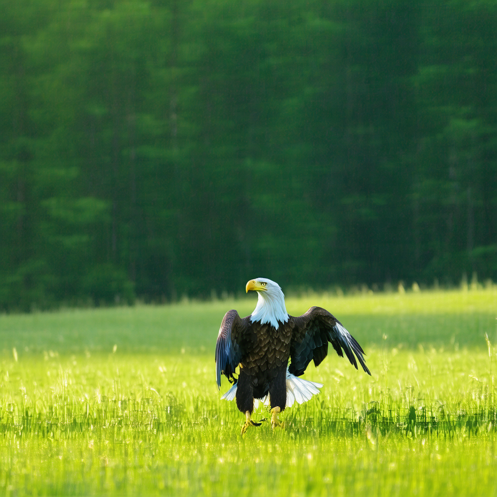 Bald eagle standing in a lush green field