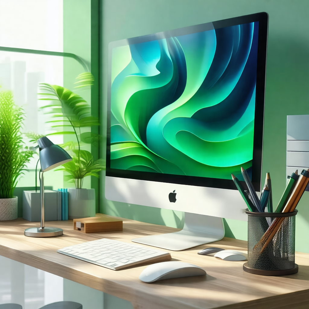 Desk with a computer monitor and keyboard placed on it