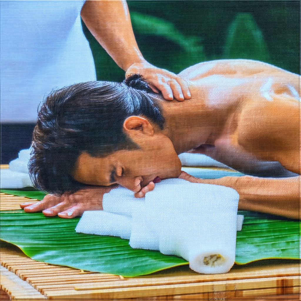 Man lying on a mat, receiving a massage from a woman