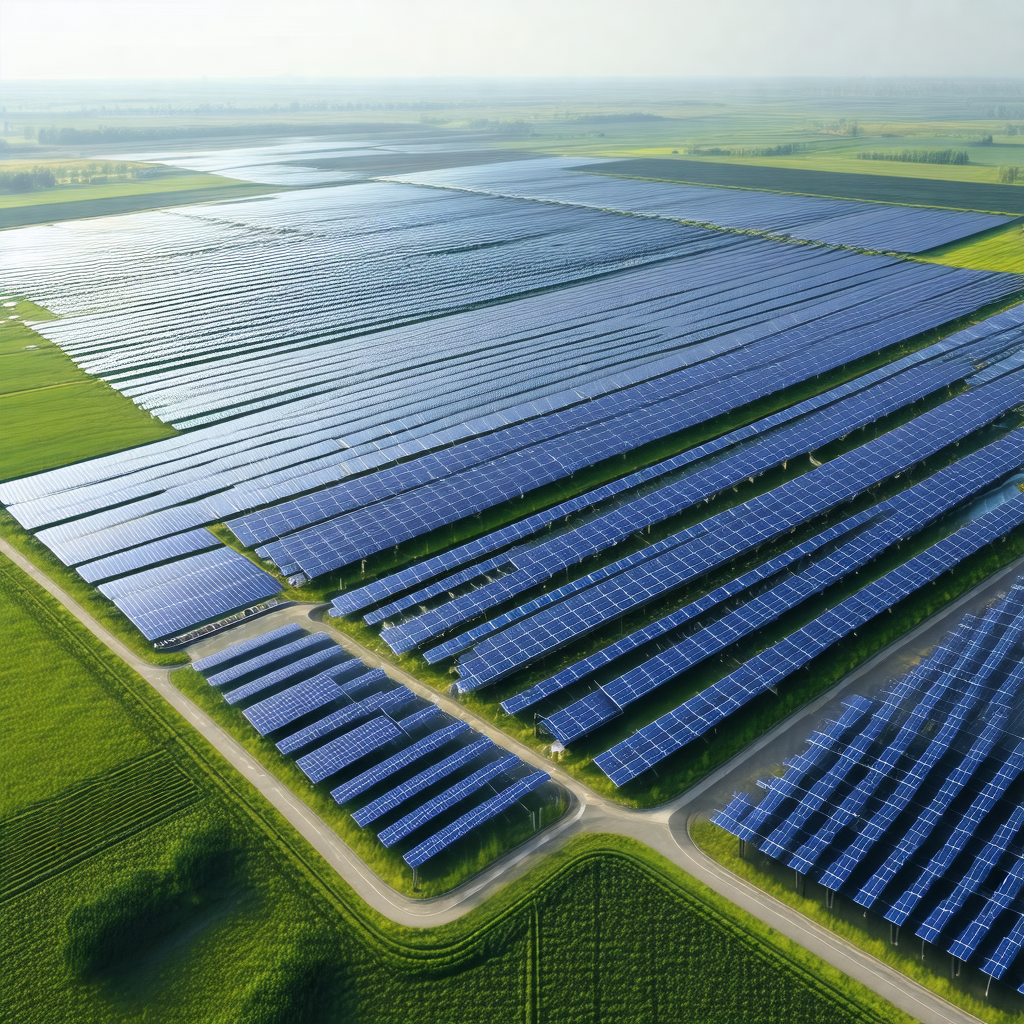 Large solar panel field with numerous solar panels spread...