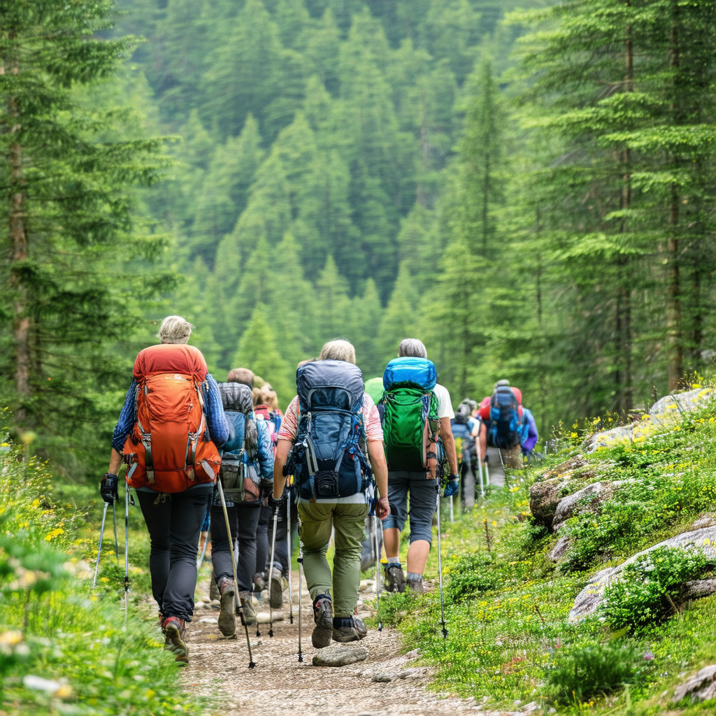Group of people walking up a mountain trail, each carryin...