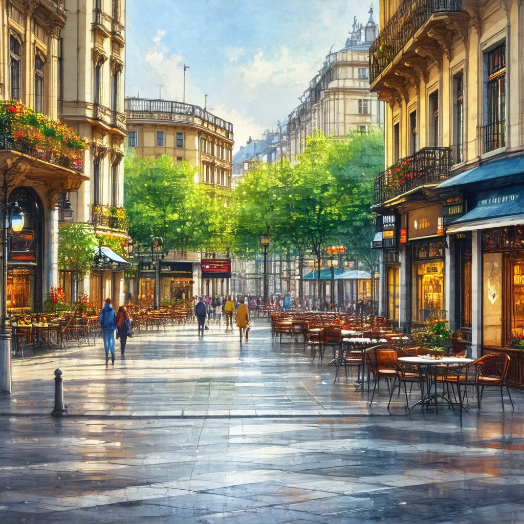 Painting of a city street with a group of people walking ...