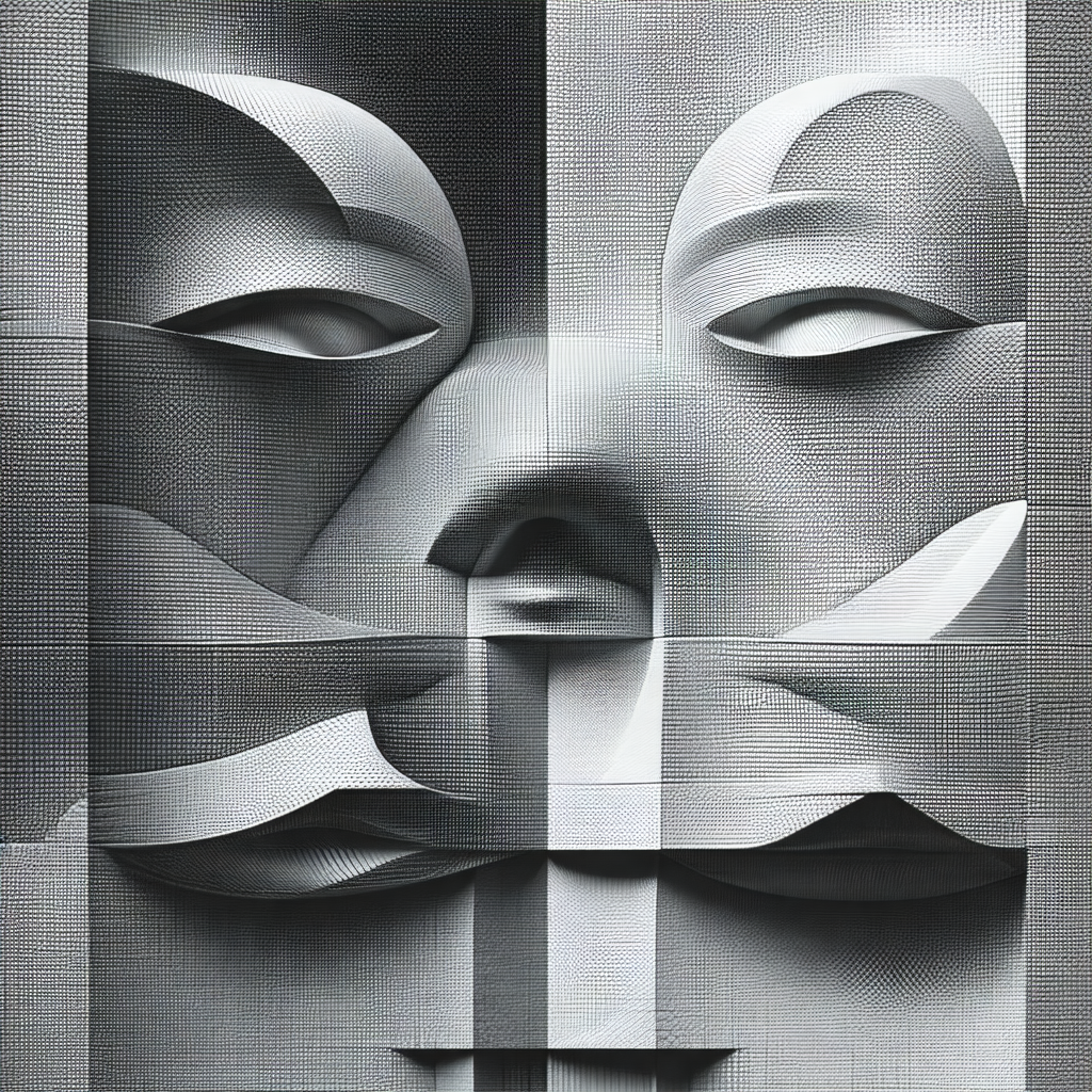 Large, three-dimensional sculpture of a face