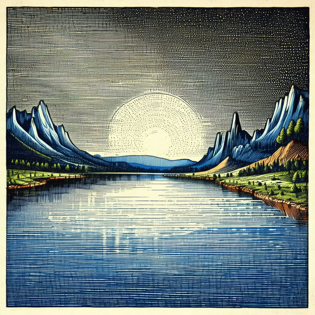 Serene scene of a lake at sunset, with mountains in the b...