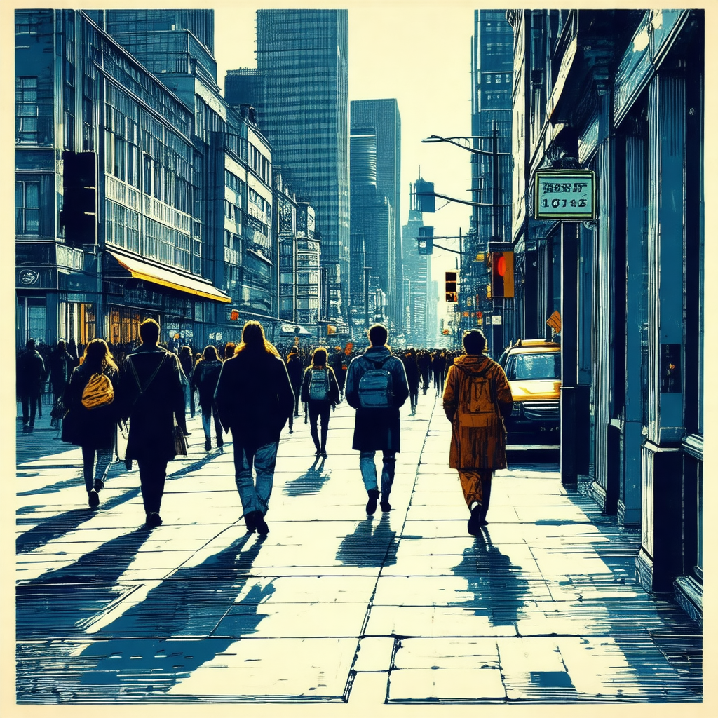 Busy city street filled with people walking and standing
