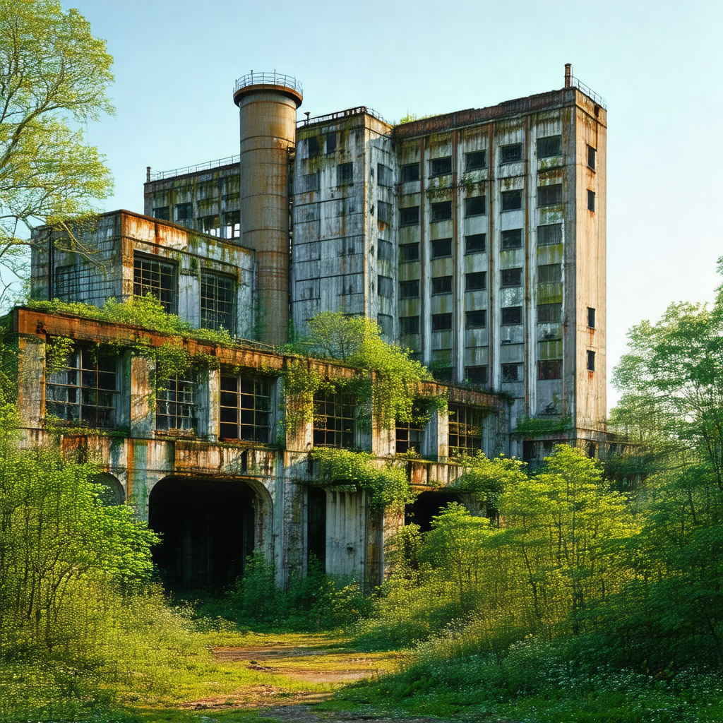 Large, old, and abandoned building with a forest surround...