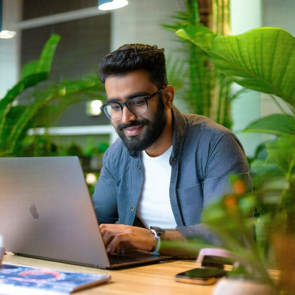Man sitting at a wooden desk, working on his laptop