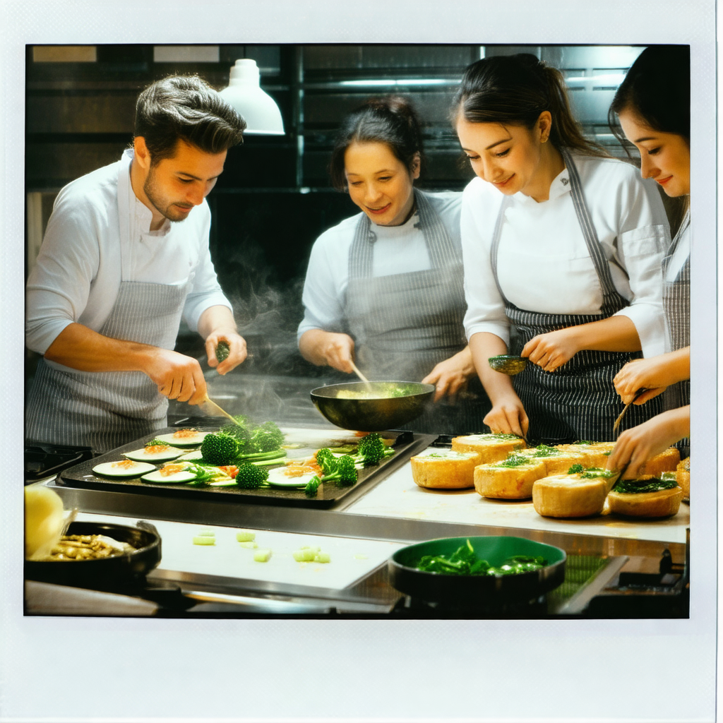 Group of people gathered in a kitchen, preparing food tog...