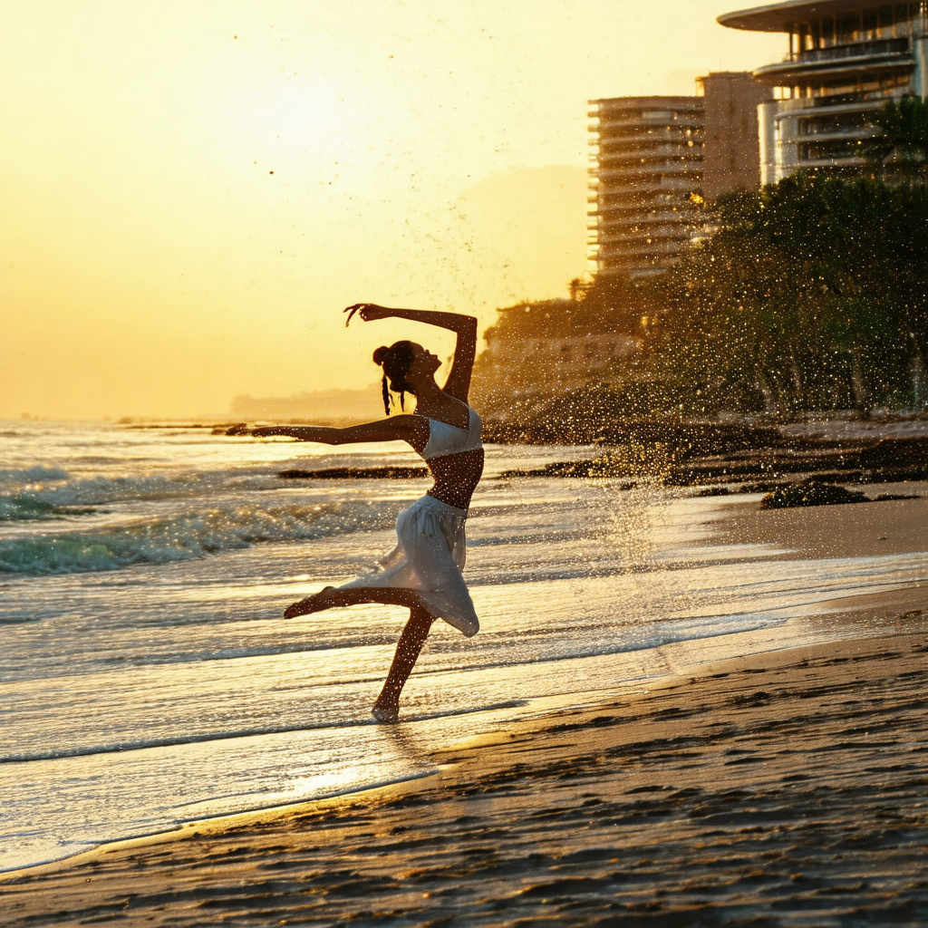 Captures a beautiful woman dancing on a beach at sunset