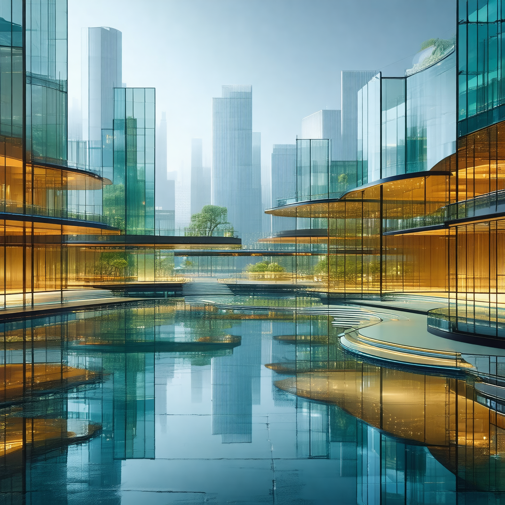 Futuristic cityscape featuring a large body of water with...